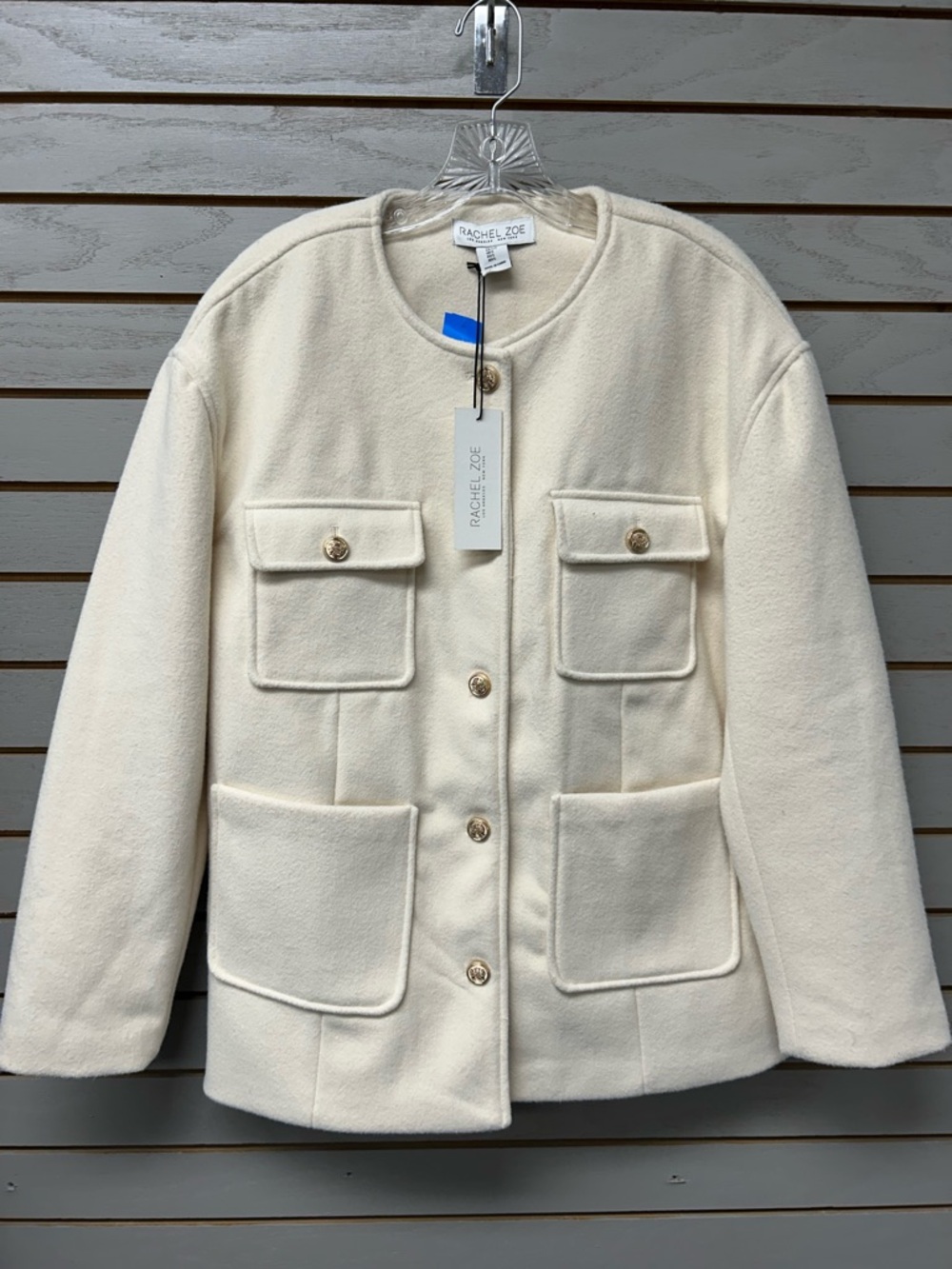 Rachel Zoe Cream Collarless Four-Pocket Button Jacket